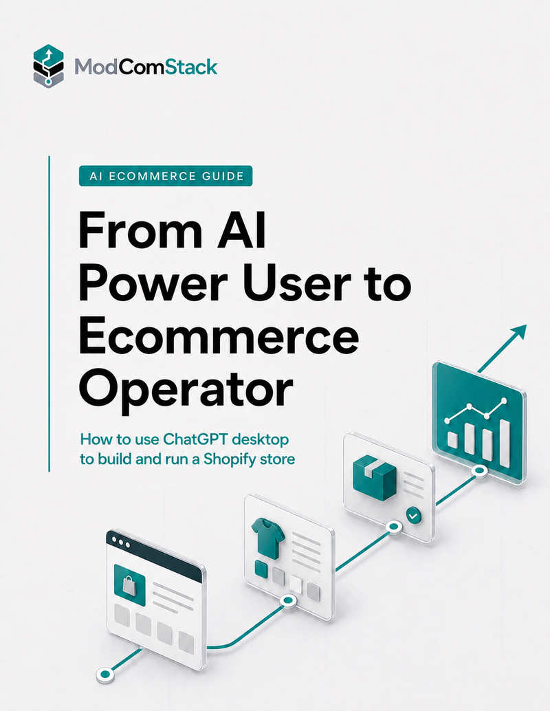 A digital cover for an 'AI Ecommerce Guide' by ModComStack, titled 'From AI Power User to Ecommerce Operator'. The cover features a clean white background with a light gray drop shadow, black text, and teal accents, including a ModComStack logo at the top left and various isometric digital icons representing e-commerce and analytics.