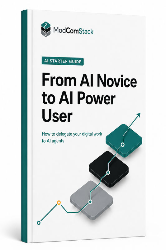 A book cover for 'From AI Novice to AI Power User' by ModComStack, featuring a white cover with teal and black text and a stylized step graphic in teal, black, and gray.