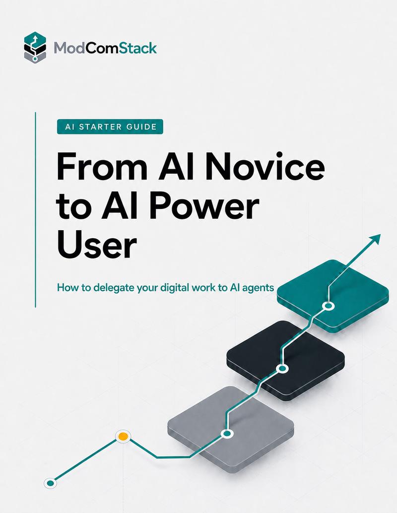 A digital cover for a ModComStack AI starter guide titled 'From AI Novice to AI Power User' on a light gray background, with step-by-step illustrated progress blocks in teal, black, and gray.